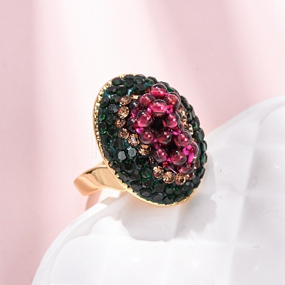 Brass & Polymer Clay Rhinestones & Natural Garnet Cuff Rings RJEW-G365-01G-1