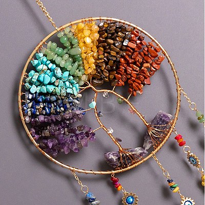 7 Chakra Natural & Synthetic Mixed Stone Chips Tree of Life Suncatchers HJEW-F027-17-1