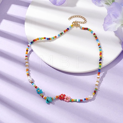 Flower Imitation Pearl Glass Seed & Acrylic Beaded Necklaces NJEW-JN04676-1