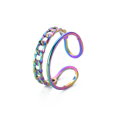 Rainbow Color 304 Stainless Steel Curb Chain Shape Cuff Ring RJEW-N038-038M-1