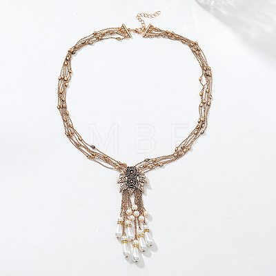 Alloy Rose Flower Multi-Strand Necklaces with Imitation Pearl Teardrop Tassel for Women WG55FA1-01-1
