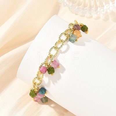 Natural Multicolor Tourmaline Faceted Cube Beads Tassel Brass Textured Cable Chain Bracelets for Women BJEW-JB14335-01-1