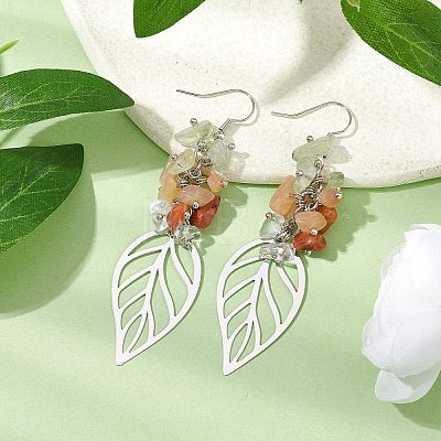 Leaf 201 Stainless Steel Natural Quartz Crystal & Natural Prehnite & Natural Carnelian & Natural Sunstone Chip Dangle Earrings EJEW-JE06138-03-1