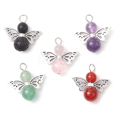 Natural Green Aventurine/Rose Quartz/Tiger Eye/Carnelian/Amethyst/Lava Rock Heart Angel Pendants PALLOY-JF03186-02-1