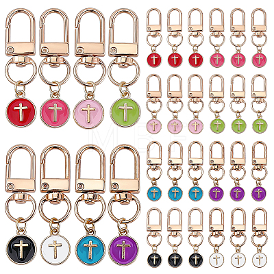 32Pcs 8 Styles Alloy Enamel Flat Round with Cross Pendant Decorations HJEW-WR00051-1
