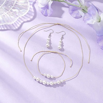 Round Shell Pearl Beaded Necklace & Bracelet & Dangle Earring Sets SJEW-JS01337-1