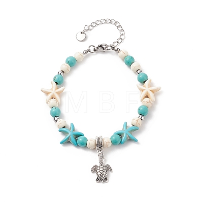 Alloy Tortoise Charm Bracelet with Synthetic Turquoise(Dyed) Starfish Beaded Bracelet for Women BJEW-TA00197-1