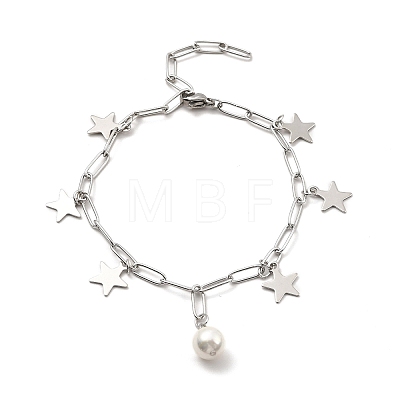 CCB Pearl & 304 Stainless Steel Charm Bracelet with Paperclip Chains for Women BJEW-C025-05P-1