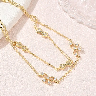 Brass Micro Pave Clear Cubic Zirconia Bowknot Link 2-Strand Bracelets KK-CBA6980-19G-1