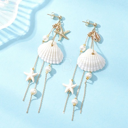 Brass Glass Pearl Shell Shape Dangle Stud Earrings EJEW-TA00764-1
