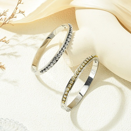 2Pcs 2 Colors Brass Crystal Rhinestone and 201 Stainless Steel Hinged Cuff Bangle Sets BJEW-JB14320-1