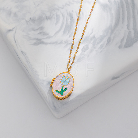 304 Stainless Steel Enamel Geometric Magnetic Photo Locket Pendant Necklaces for Women WG980C2-02-1