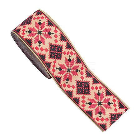 Rhombus Pattern Ethnic Style Embroidery Floral Polyester Ribbons OCOR-WH0070-324A-1