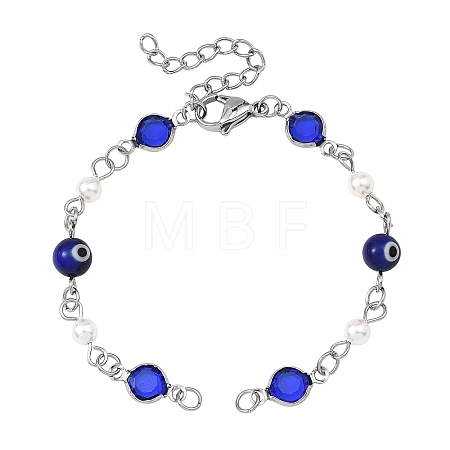 Handmade Lampwork Blue Evil Eye and 304 Stainless Steel Glass Flat Round Link Chain Bracelet Making AJEW-JB01644-1