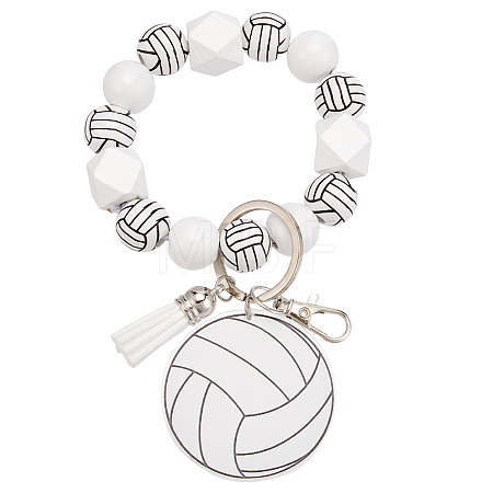 1Pc Printed Acrylic & Faux Suede Tassel Pendant & Wood Bead Keychains HJEW-SP0001-86C-1