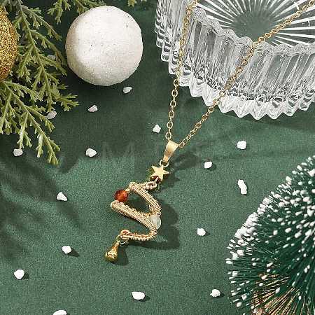Natural Green Aventurine and Agate Copper Wire wrapped Christmas Tree Pendant Brass Cable Chain Necklaces for Women NJEW-TA00271-1