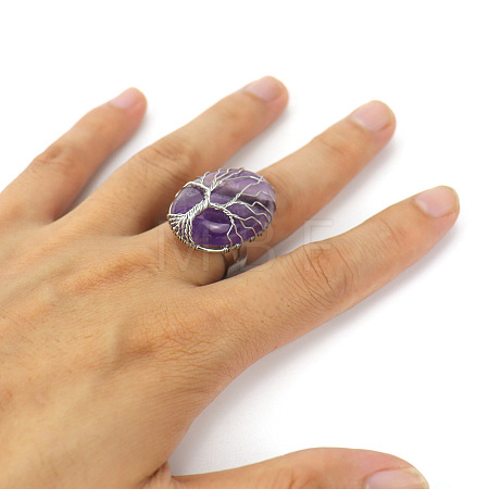 Copper Wire Wrapped Natural Amethyst with Alloy Finger Rings FS-WG01E85-04-1