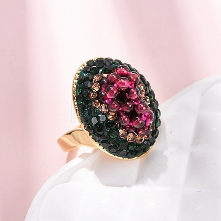 Brass & Polymer Clay Rhinestones & Natural Garnet Cuff Rings RJEW-G365-01G-1