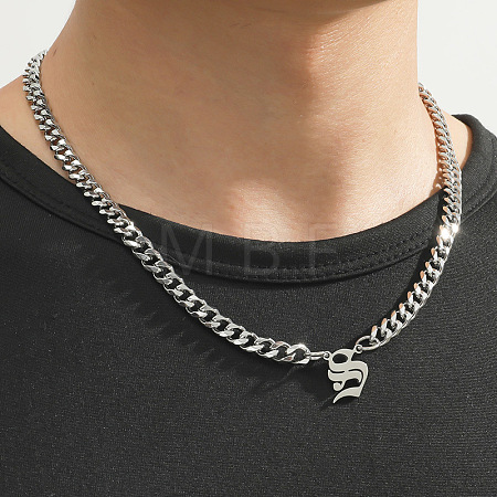 304 Stainless Steel Initial Pendant Cuban Link Chain Necklaces FS-WGB15F2-21-1