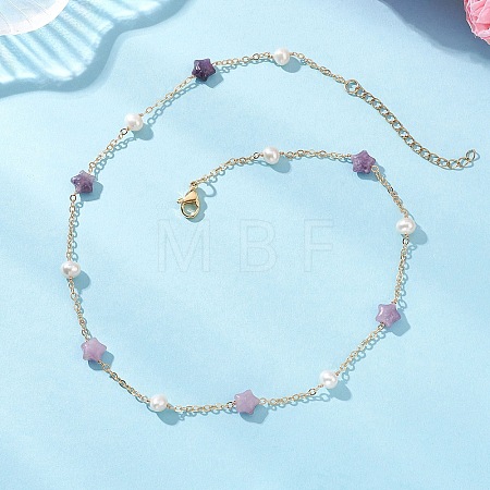 Natural Lepidolite Star & Natural Freshwater Pearl & Brass Link Chain Necklaces NJEW-JN05687-03-1