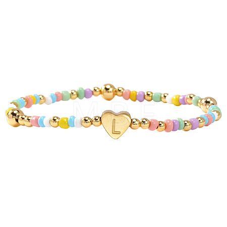 Summer Stainless Steel Heart Alphabet Colorful Glass Seed Beaded Stretch Bracelets for Women JV8929-38-1