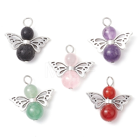Natural Green Aventurine/Rose Quartz/Tiger Eye/Carnelian/Amethyst/Lava Rock Heart Angel Pendants PALLOY-JF03186-02-1