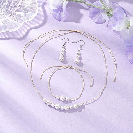 Round Shell Pearl Beaded Necklace & Bracelet & Dangle Earring Sets SJEW-JS01337-1