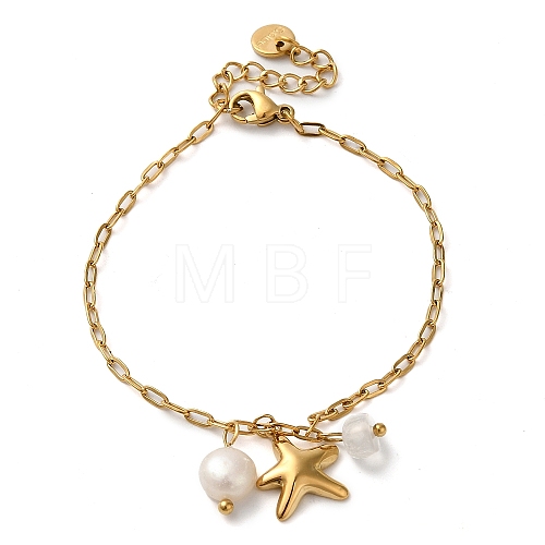 Natural Quartz Crystal & Fresheater Pearl & Starfish Charm Bracelets BJEW-K237-06G-03-1