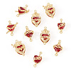 10Pcs 5 Styles Brass with Glass Dark Red Sacred Heart Connector Charms KK-TA0008-63-3