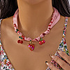 Printed Cloth Scarf Necklaces with Zinc Alloy Rhinestone & Resin Strawberry Cherry Pendants FS-WG7AF07-04-1