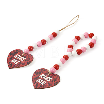 4Pcs 2 Style Valentine's Day Theme Schima Wood Beads & Hemp Rope Pendants Decorations HJEW-EL0001-10B-1