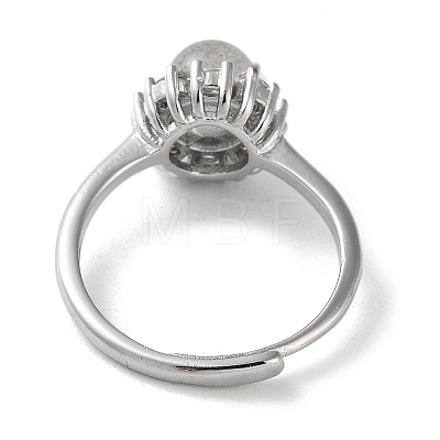 Natural Labradorite Round Ball Adjustable Ring with Rhinestone RJEW-G295-01P-1