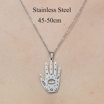 Non-Tarnish 201 Stainless Steel Hollow Hamsa Hand with Eye Pendant Necklace NJEW-OY001-78-1