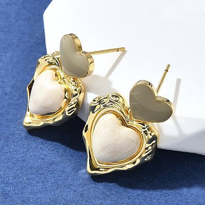 Heart Brass Enamel Stud Earrings EJEW-Z086-17G-01-1