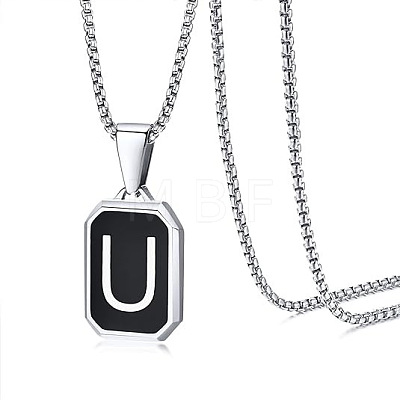 304 Stainless Steel Black Enamel Rectangle with Initial Pendant Box Chain Necklaces WG7737E-02-1