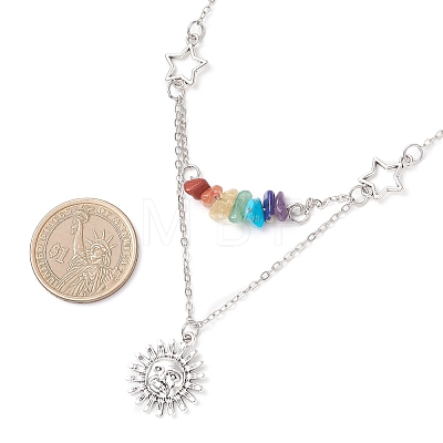 Chakra Gemstone Chip Beaded & Alloy Sun Moon Star Planet Pendant Brass Cable Chain Necklaces for Women NJEW-JN05794-1