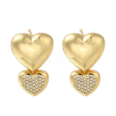 Rack Plating Heart Brass Micro Pave Clear Cubic Zirconia Stud Earrings EJEW-H143-26G-1