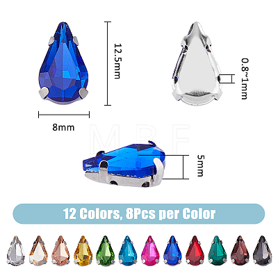 DICOSMETIC 96Pcs 12 Colors Teardrop Sew on Rhinestone RGLA-DC0001-04-1