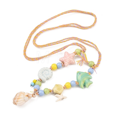Ceramics Starfish Fish & Resin Shell Shape Pendant Adjustable Cotton Cord Necklaces for Women LS-NJEW-Z100-01B-G-1
