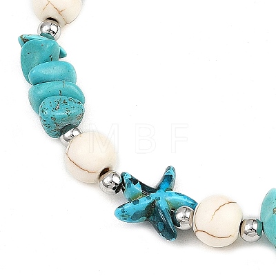 Dyed Synthetic Turquoise Starfish & Chip Beaded Anklets with 304 Stainless Steel End Chains AJEW-AN00733-02-1