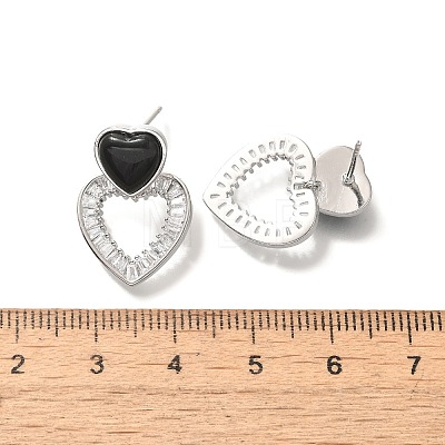 Brass Cubic Zirconia & Black Agate Stud Earrings EJEW-M048-03P-1