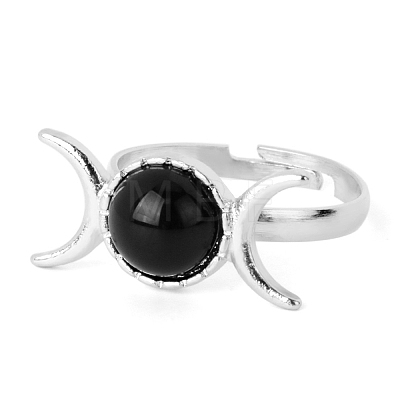 Adjustable Natural Black Agate Retro Crescent Moon Rings for Women PW-WG1B614-02-1