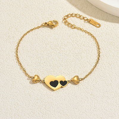 Stainless Steel Enamel Black Couple Heart Link Bracelets for Daily Casual and Work Wear YH0561-1