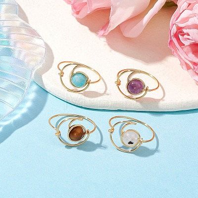 Round Natural Amethyst & Tiger Eye & Hemimorphite & Rainbow Moonstone Finger Rings RJEW-TA00144-1