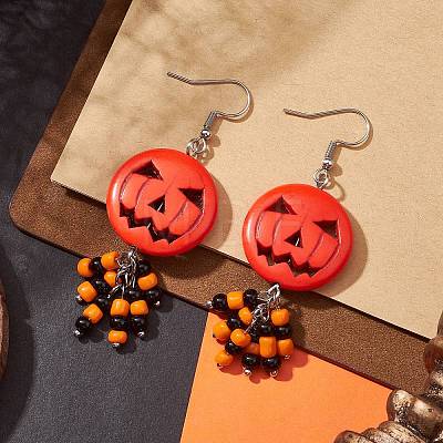 Synthetic Turquoise Pumpkin Dangle Earrings with Seed Beaded EJEW-TA00237-1