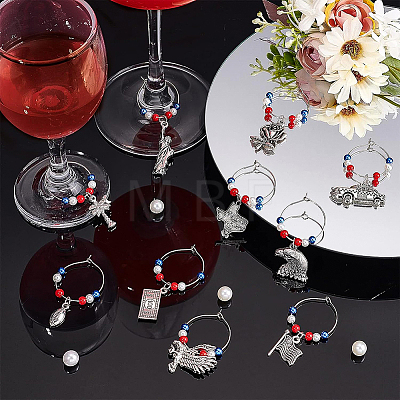 BENECREAT 20Pcs 10 Styles National Flag & Dollar Bills & Eagle & Rose Alloy Dangle Wine Glass Charms with Glass Pearl AJEW-BC0003-15-1
