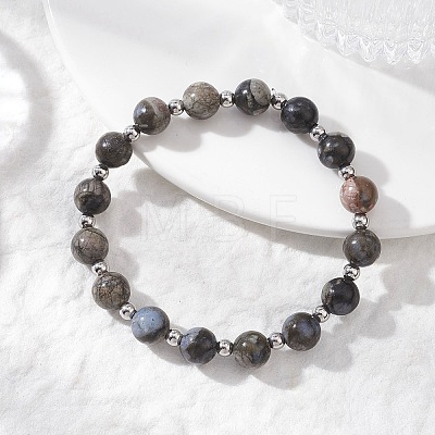 Natural Glaucophane & Brass Beaded Stretch Bracelets for Women BJEW-JB12903-1