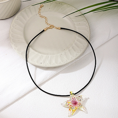 Summer Beach Starfish Transparent Glass Pendant Black Waxed Cord Necklaces for Women FS-WG29C72-02-1