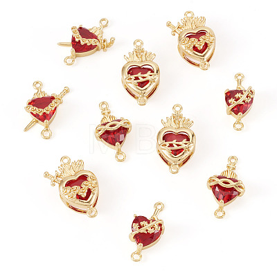 10Pcs 5 Styles Brass with Glass Dark Red Sacred Heart Connector Charms KK-TA0008-63-1