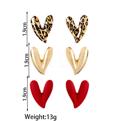 3 Pairs Heart with Leopard Print  Spray Painted Alloy Stud Earrings FS-WG7979B-01-1